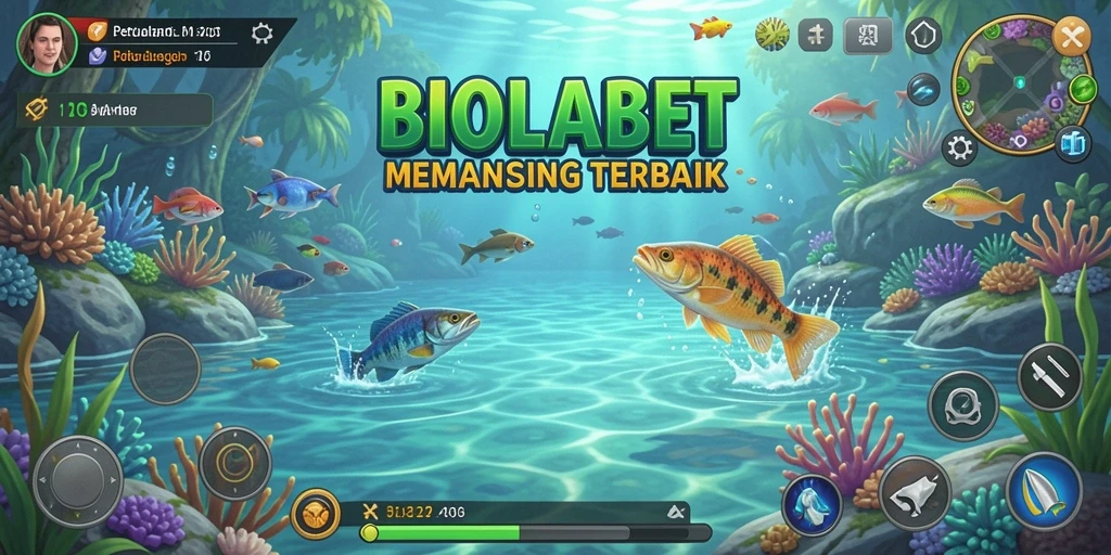 Tampilan gameplay BIOLABET saat menangkap ikan di danau.
