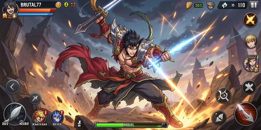 Screenshot gameplay BRUTAL77 menampilkan pertarungan karakter anime yang mendebarkan.