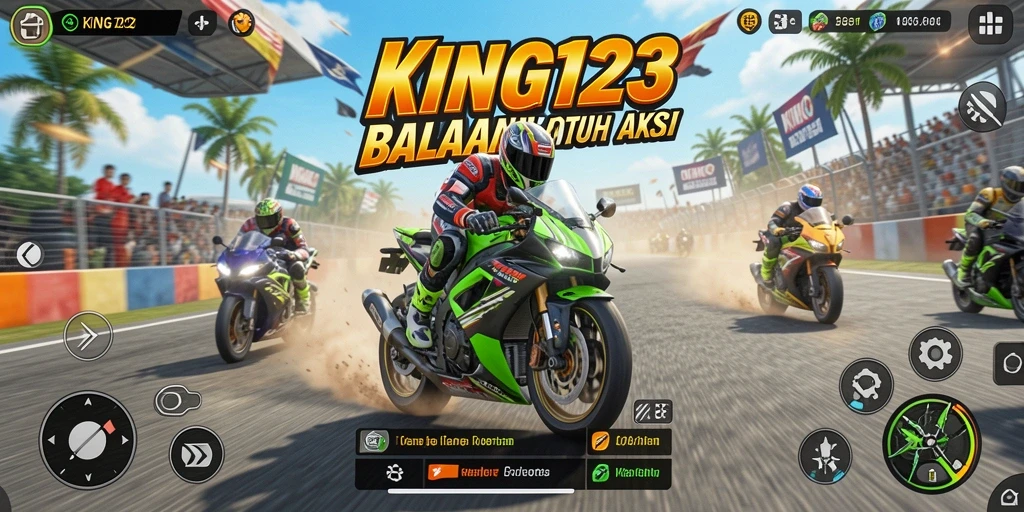 Tampilan gameplay seru dalam <strong>KING123</strong> saat balapan motor.