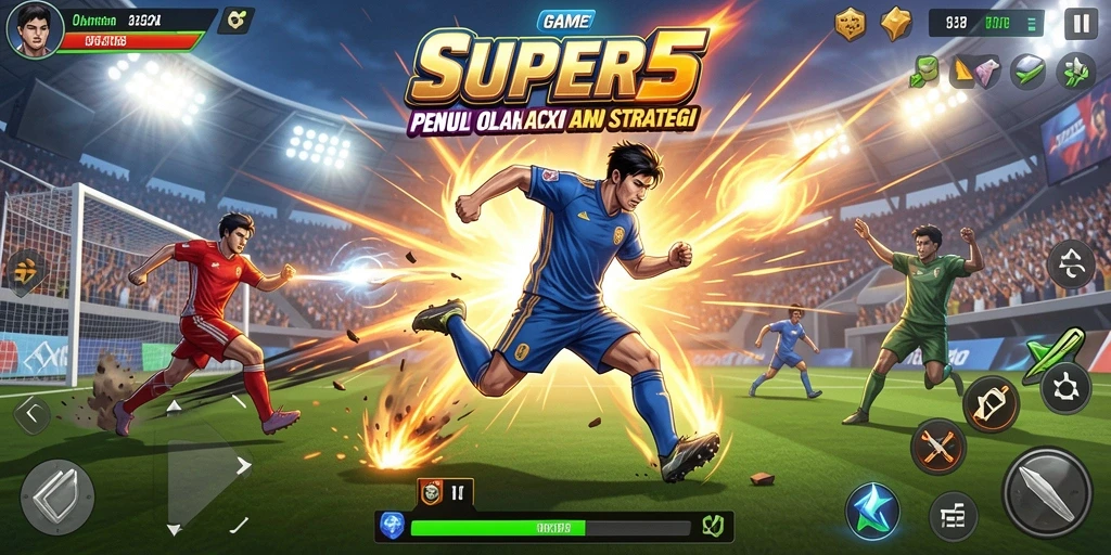 Tampilan gameplay SUPER5 yang seru dan dinamis dalam aksi olahraga.
